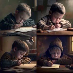 Inteligenta Artificiala si Arta - Baiat trist facandu-si temele